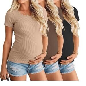 3 Pack Women's Ribbed Maternity Tops Short Sleeve, Ribbed Knit M
